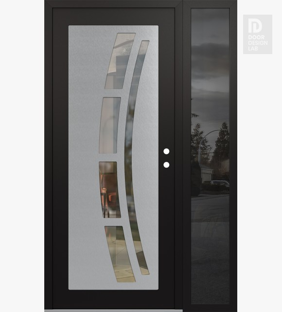 Modern Steel Front Door Diamond C12 52" x 80" black/black clear Glass Panel stainless steel LHI with Sidelite mirrored Glass