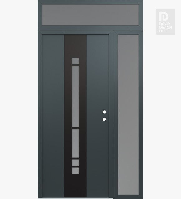 Modern Steel Front Door DIAMOND A3 48" X 96" ANTHRACITE/ANTHRACITE FROSTED GLASS PANEL BLACK LHI WITH SIDELITE AND TRANSOM FROSTED GLASS