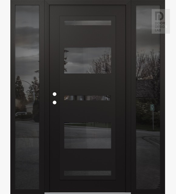 Modern Steel Front Door Diamond C10 60" x 80" black/black mirrored Glass Panel black RHI with 2 Sidelites mirrored Glass