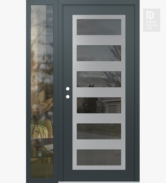 Modern Steel Front Door Diamond C9 52" x 80" anthracite/anthracite mirrored Glass Panel stainless steel RHI with Sidelite clear Glass