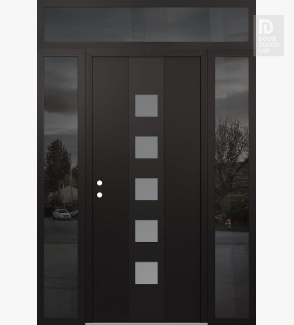 Modern Steel Front Door DIAMOND A13 68" X 96" BLACK/WHITE FROSTED GLASS PANEL BLACK RHI WITH 2 SIDELITES AND TRANSOM MIRRORED GLASS
