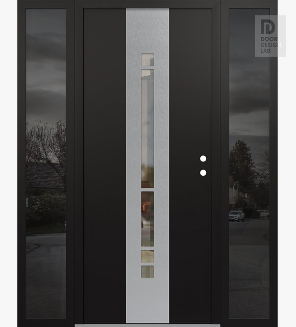 Modern Steel Front Door DIAMOND A3 68" X 80" BLACK/BLACK CLEAR GLASS PANEL STAINLESS STEEL LHI WITH 2 SIDELITES MIRRORED GLASS