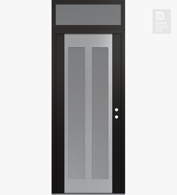 Modern Steel Front Door Diamond C14 36" x 96" black/white frosted Glass Panel stainless steel LHI with Transom frosted Glass