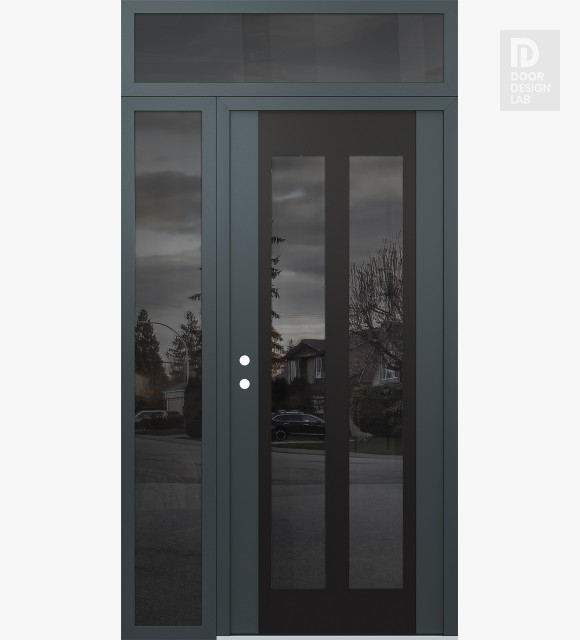 Modern Steel Front Door Diamond C14 52" x 96" anthracite/anthracite mirrored Glass Panel black RHI with Sidelite and Transom mirrored Glass
