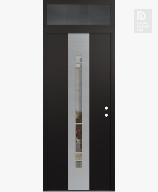 Modern Steel Front Door DIAMOND A3 36" X 96" BLACK/BLACK CLEAR GLASS PANEL STAINLESS STEEL LHI WITH TRANSOM MIRRORED GLASS