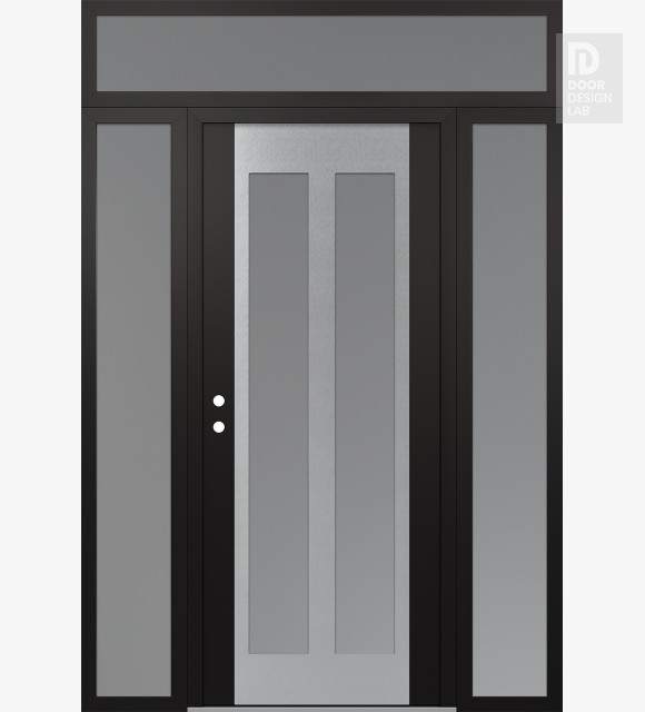 Modern Steel Front Door Diamond C14 60" x 96" black/white frosted Glass Panel stainless steel RHI with 2 Sidelites and Transom frosted Glass