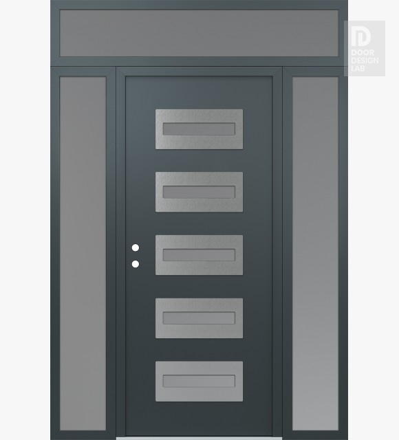 Modern Steel Front Door Diamond D4 68" x 96" anthracite/anthracite frosted Glass Panel stainless steel RHI with 2 Sidelites and Transom frosted Glass