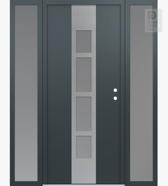 Modern Steel Front Door DIAMOND A10 64" X 80" ANTHRACITE/ANTHRACITE FROSTED GLASS PANEL STAINLESS STEEL LHI WITH 2 SIDELITES FROSTED GLASS