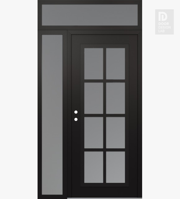 Modern Steel Front Door Diamond C16 52" x 96" black/white frosted Glass Panel black RHI with Sidelite and Transom frosted Glass