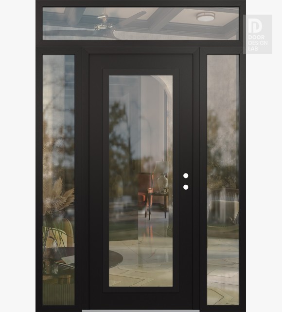 Modern Steel Front Door Diamond C1 68" x 96" black/black clear Glass Panel black LHI with 2 Sidelites and Transom clear Glass