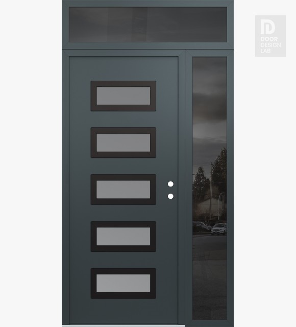 Modern Steel Front Door Diamond D1 52" x 96" anthracite/anthracite frosted Glass Panel black LHI with Sidelite and Transom mirrored Glass