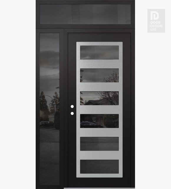 Modern Steel Front Door Diamond C9 50" x 96" black/black mirrored Glass Panel stainless steel RHI with Sidelite and Transom mirrored Glass