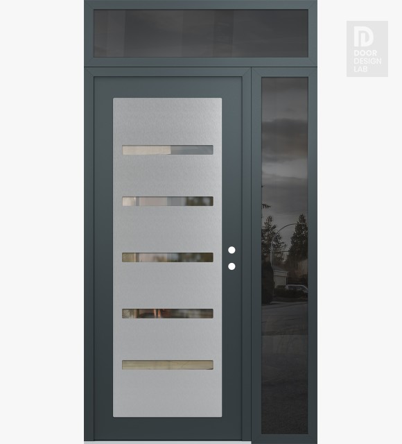Modern Steel Front Door Diamond C7 50" x 96" anthracite/anthracite clear Glass Panel stainless steel LHI with Sidelite and Transom mirrored Glass