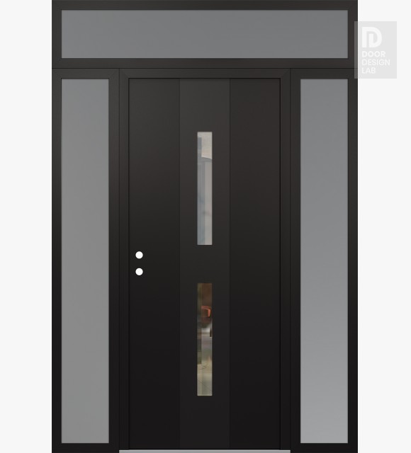 Modern Steel Front Door DIAMOND A6 68" X 96" BLACK/BLACK CLEAR GLASS PANEL BLACK RHI WITH 2 SIDELITES AND TRANSOM FROSTED GLASS