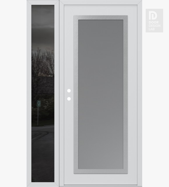 Modern Steel Front Door Diamond C1 48" x 80" white/white frosted Glass Panel stainless steel RHI with Sidelite mirrored Glass