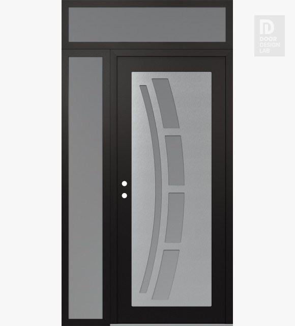 Modern Steel Front Door Diamond C12 50" x 96" black/white frosted Glass Panel stainless steel RHI with Sidelite and Transom frosted Glass
