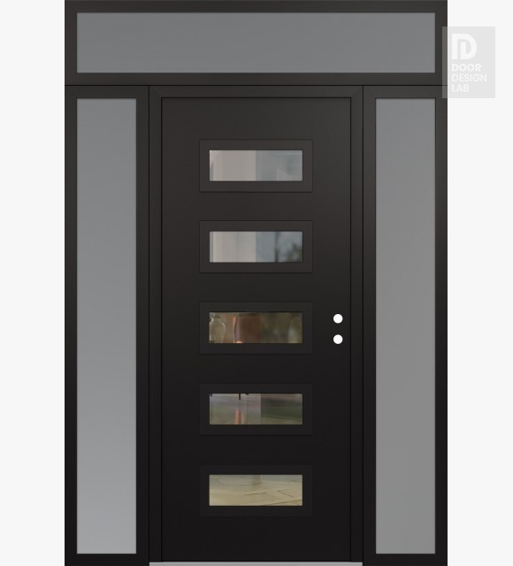 Modern Steel Front Door Diamond D1 64" x 96" black/black clear Glass Panel black LHI with 2 Sidelites and Transom frosted Glass