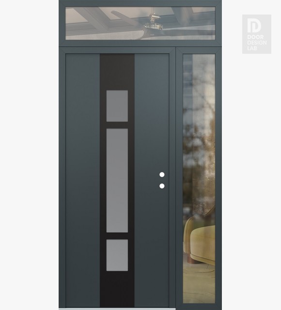 Modern Steel Front Door DIAMOND A9 50" X 96" ANTHRACITE/ANTHRACITE FROSTED GLASS PANEL BLACK LHI WITH SIDELITE AND TRANSOM CLEAR GLASS