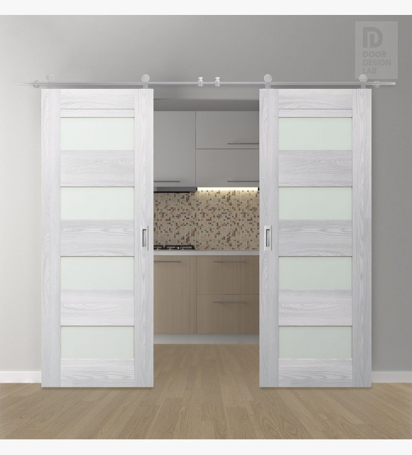 DOUBLE BARN DOOR AVON 07-08 VETRO RIBEIRA ASH 56" X 84" X 1 3/4" STAINLESS STEEL HARDWARE