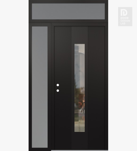 Modern Steel Front Door DIAMOND A1 48" X 96" BLACK/BLACK CLEAR GLASS PANEL BLACK RHI WITH SIDELITE AND TRANSOM FROSTED GLASS