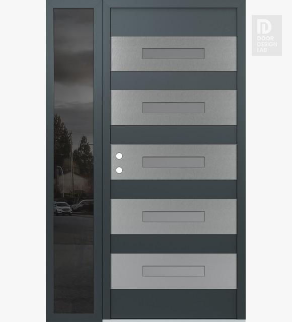 Modern Steel Front Door Diamond D9 52" x 80" anthracite/anthracite frosted Glass Panel stainless steel RHI with Sidelite mirrored Glass