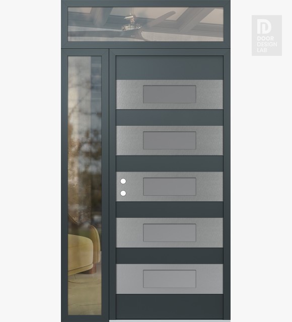Modern Steel Front Door Diamond D5 52" x 96" anthracite/anthracite frosted Glass Panel stainless steel RHI with Sidelite and Transom clear Glass