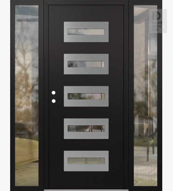 Modern Steel Front Door Diamond D4 64" x 80" black/black clear Glass Panel stainless steel RHI with 2 Sidelites clear Glass