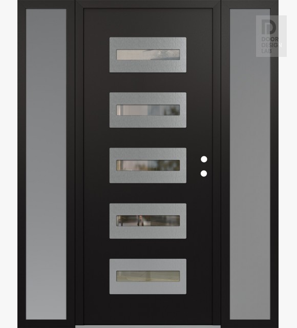 Modern Steel Front Door Diamond D4 60" x 80" black/black clear Glass Panel stainless steel LHI with 2 Sidelites frosted Glass