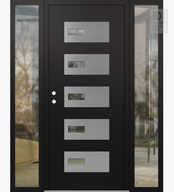 Modern Steel Front Door Diamond D7 60" x 80" black/black clear Glass Panel stainless steel RHI with 2 Sidelites clear Glass