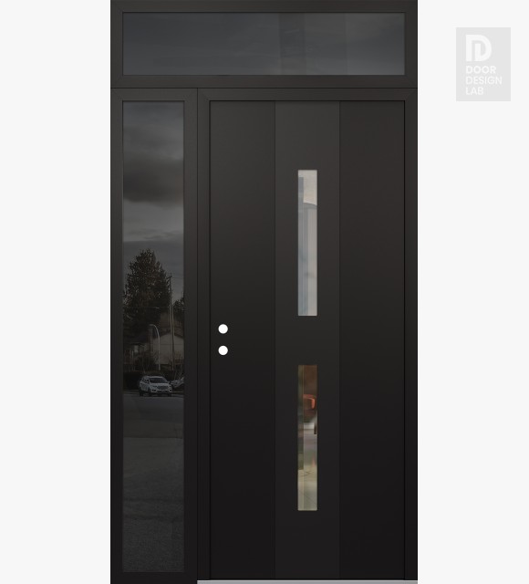 Modern Steel Front Door DIAMOND A6 48" X 96" BLACK/BLACK CLEAR GLASS PANEL BLACK RHI WITH SIDELITE AND TRANSOM MIRRORED GLASS