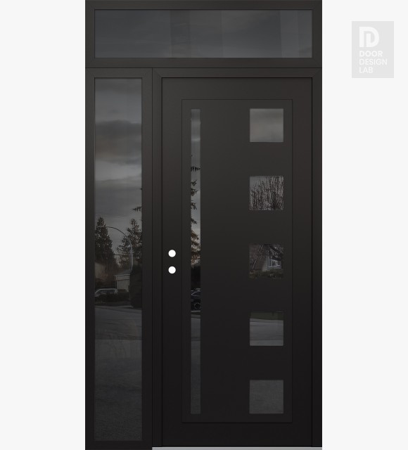 Modern Steel Front Door Diamond C3 48" x 96" black/black mirrored Glass Panel black RHI with Sidelite and Transom mirrored Glass