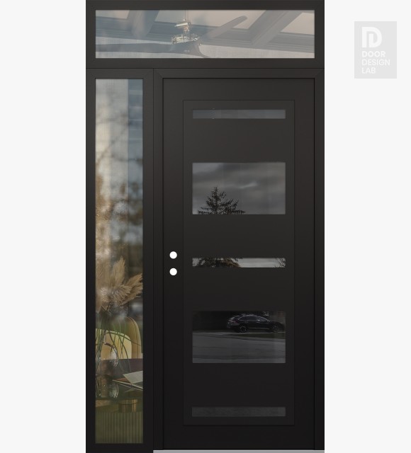 Modern Steel Front Door Diamond C10 52" x 96" black/black mirrored Glass Panel black RHI with Sidelite and Transom clear Glass
