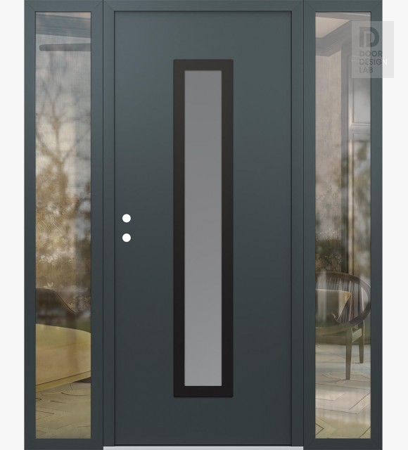 Modern Steel Front Door DIAMOND A11 64" X 80" ANTHRACITE/ANTHRACITE FROSTED GLASS PANEL BLACK RHI WITH 2 SIDELITES CLEAR GLASS