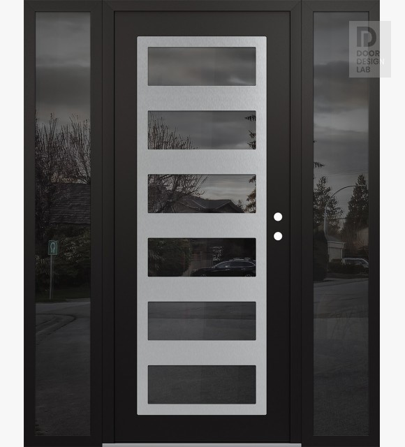Modern Steel Front Door Diamond C9 60" x 80" black/black mirrored Glass Panel stainless steel LHI with 2 Sidelites mirrored Glass