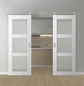 DOUBLE BARN DOOR PALLADIO 3 LITE VETRO BIANCO NOBLE 48" X 80" X 1 9/16" TEMPERED FROSTED GLASS STAINLESS STEEL HARDWARE