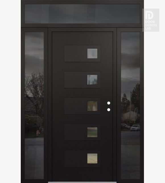 Modern Steel Front Door Diamond D2 60" x 96" black/black clear Glass Panel black LHI with 2 Sidelites and Transom mirrored Glass