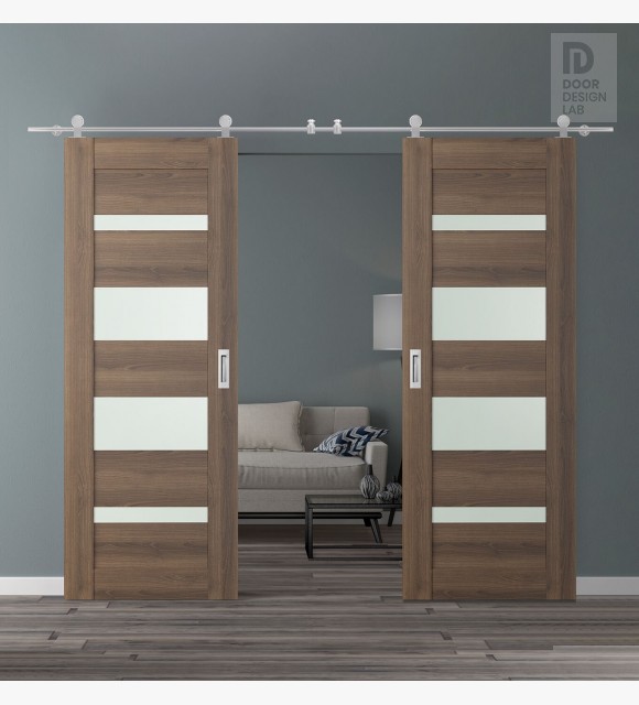 DOUBLE BARN DOOR AVON 07-01 VETRO PECAN NUTWOOD 56" X 84" X 1 3/4" STAINLESS STEEL HARDWARE