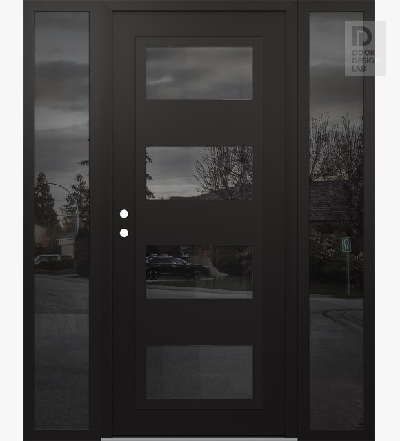 Modern Steel Front Door Diamond C2 60" x 80" black/black mirrored Glass Panel black RHI with 2 Sidelites mirrored Glass