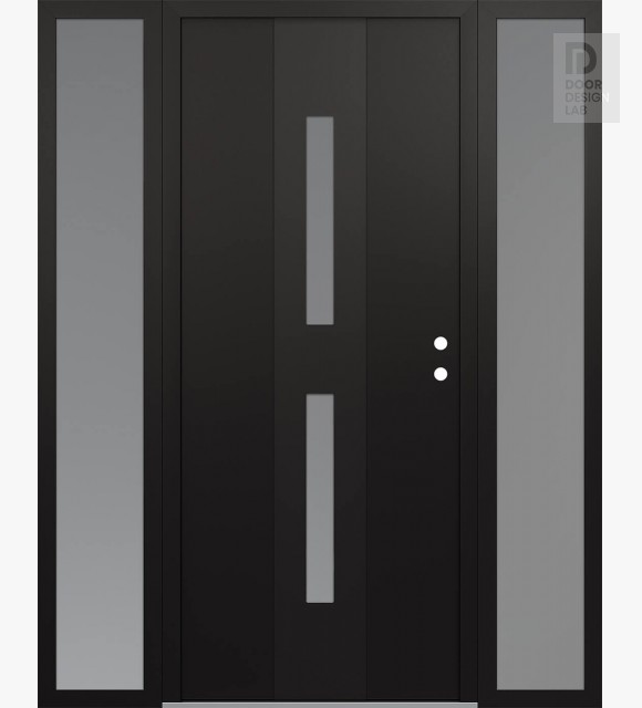 Modern Steel Front Door DIAMOND A6 60" X 80" BLACK/WHITE FROSTED GLASS PANEL BLACK LHI WITH 2 SIDELITES FROSTED GLASS