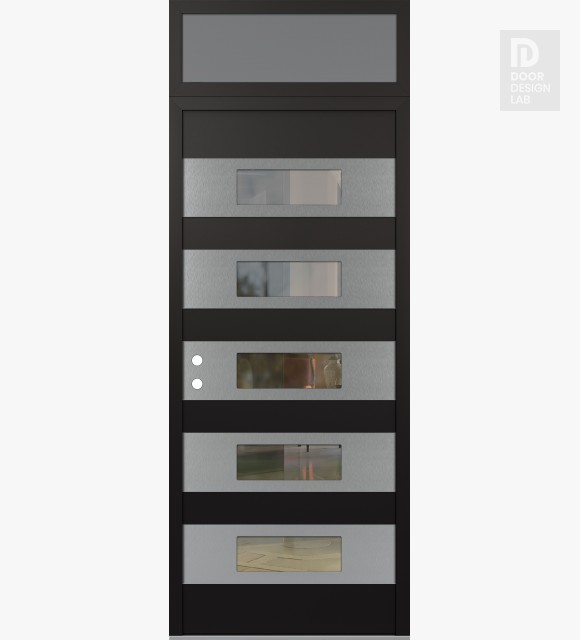 Modern Steel Front Door Diamond D5 36" x 96" black/black clear Glass Panel stainless steel RHI with Transom frosted Glass