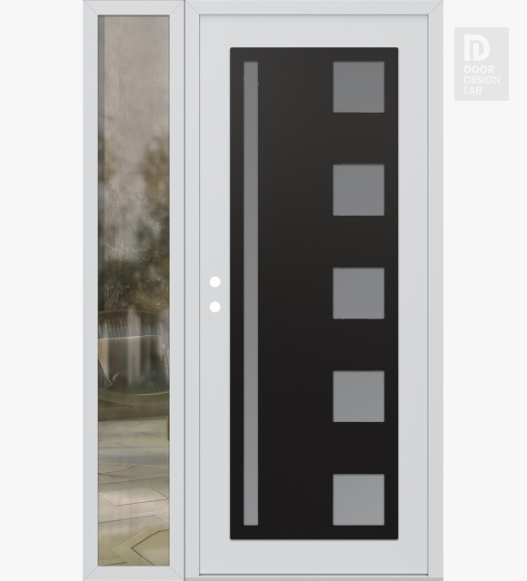 Modern Steel Front Door Diamond C3 48" x 80" white/white frosted Glass Panel black RHI with Sidelite clear Glass