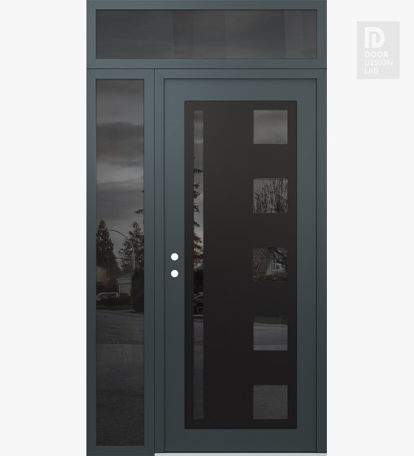 Modern Steel Front Door Diamond C3 50" x 96" anthracite/anthracite mirrored Glass Panel black RHI with Sidelite and Transom mirrored Glass