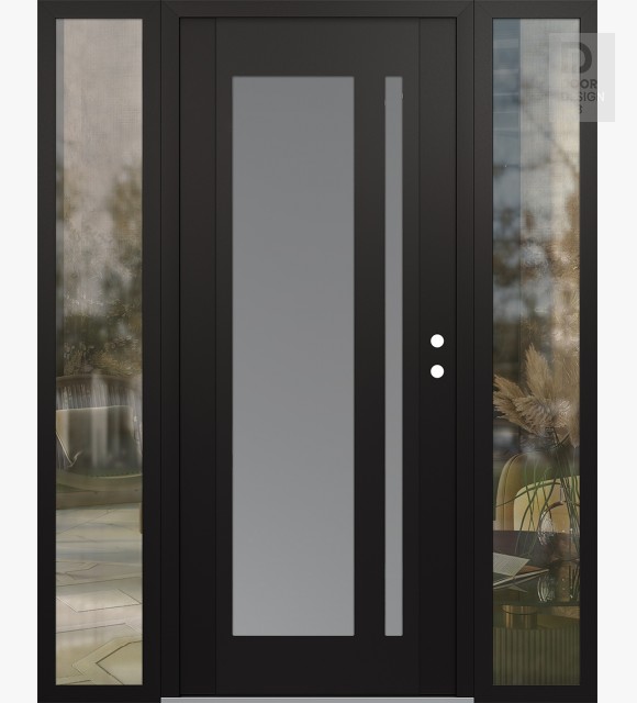 Modern Steel Front Door Diamond C15 64" x 80" black/white frosted Glass Panel black LHI with 2 Sidelites clear Glass