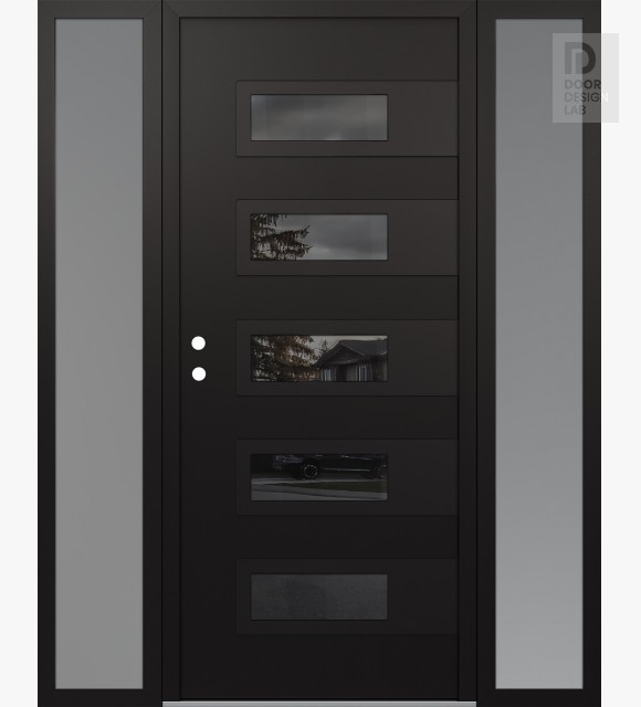 Modern Steel Front Door Diamond D3 64" x 80" black/black mirrored Glass Panel black RHI with 2 Sidelites frosted Glass