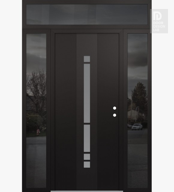 Modern Steel Front Door DIAMOND A3 60" X 96" BLACK/WHITE FROSTED GLASS PANEL BLACK LHI WITH 2 SIDELITES AND TRANSOM MIRRORED GLASS