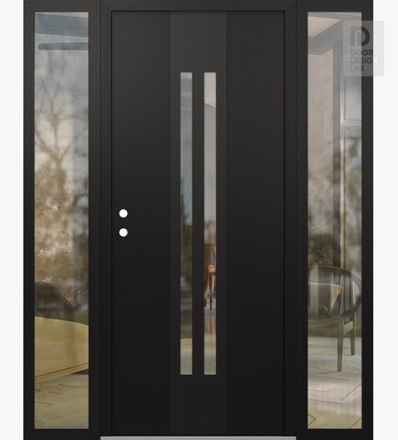 Modern Steel Front Door DIAMOND A8 60" X 80" BLACK/BLACK CLEAR GLASS PANEL BLACK RHI WITH 2 SIDELITES CLEAR GLASS