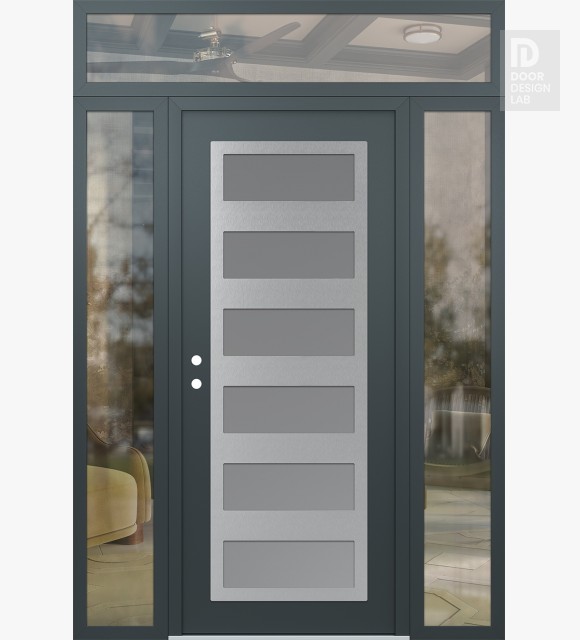 Modern Steel Front Door Diamond C9 68" x 96" anthracite/anthracite frosted Glass Panel stainless steel RHI with 2 Sidelites and Transom clear Glass