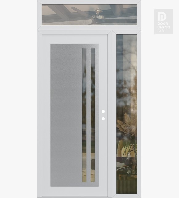 Modern Steel Front Door Diamond C6 52" x 96" white/white clear Glass Panel stainless steel LHI with Sidelite and Transom clear Glass