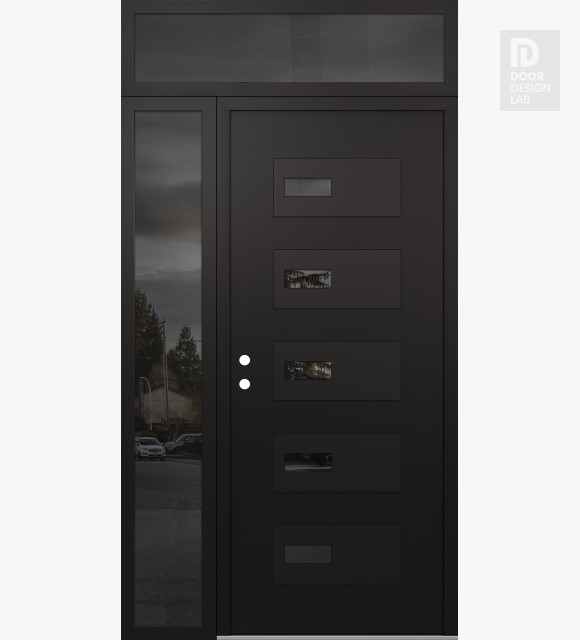 Modern Steel Front Door Diamond D7 50" x 96" black/black mirrored Glass Panel black RHI with Sidelite and Transom mirrored Glass
