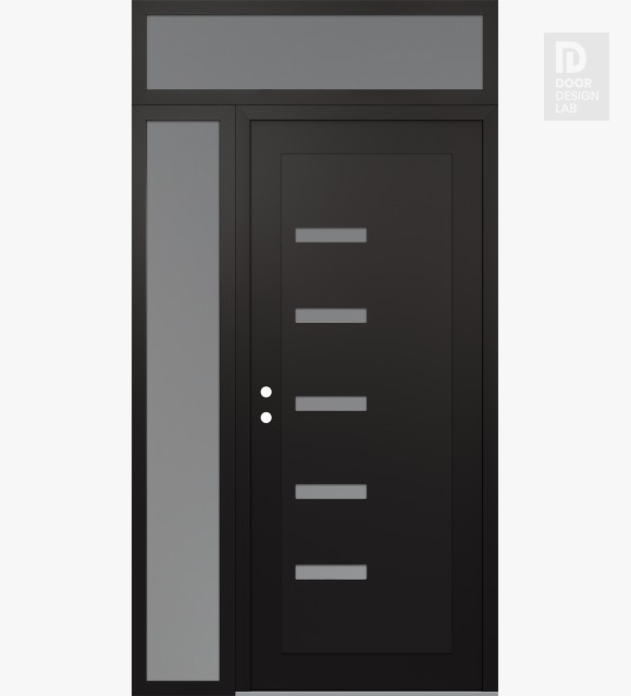 Modern Steel Front Door Diamond C8 48" x 96" black/white frosted Glass Panel black RHI with Sidelite and Transom frosted Glass